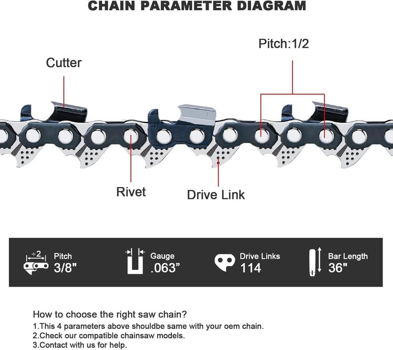 V-MODEST 1 Pack 36 inch Chainsaw Chain 114 Drive Link, 57-Teeth 3/8" Pitch .063" Gauge Full Chisel Professional Gas Saw Chain Blade fits Stihl 029 038 MS-310 460 560 36RSF114, Husqvarna 51 55 560XP - Image 2